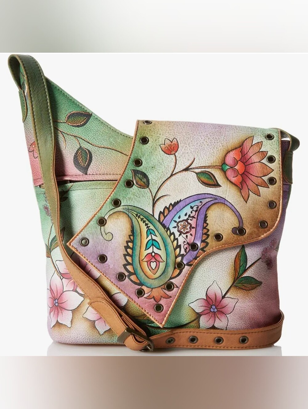 Anuschka 432 Asymmetric Hand Painted Pebbled Leather Shoulder Bag Crossbody Boho